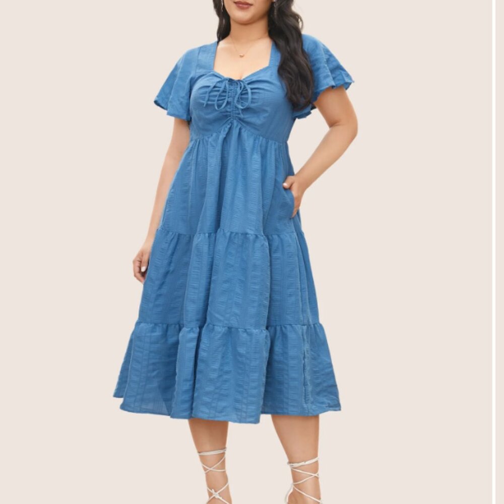 Plain Ruched Drawstring Pocket Ruffle Tiered Dress